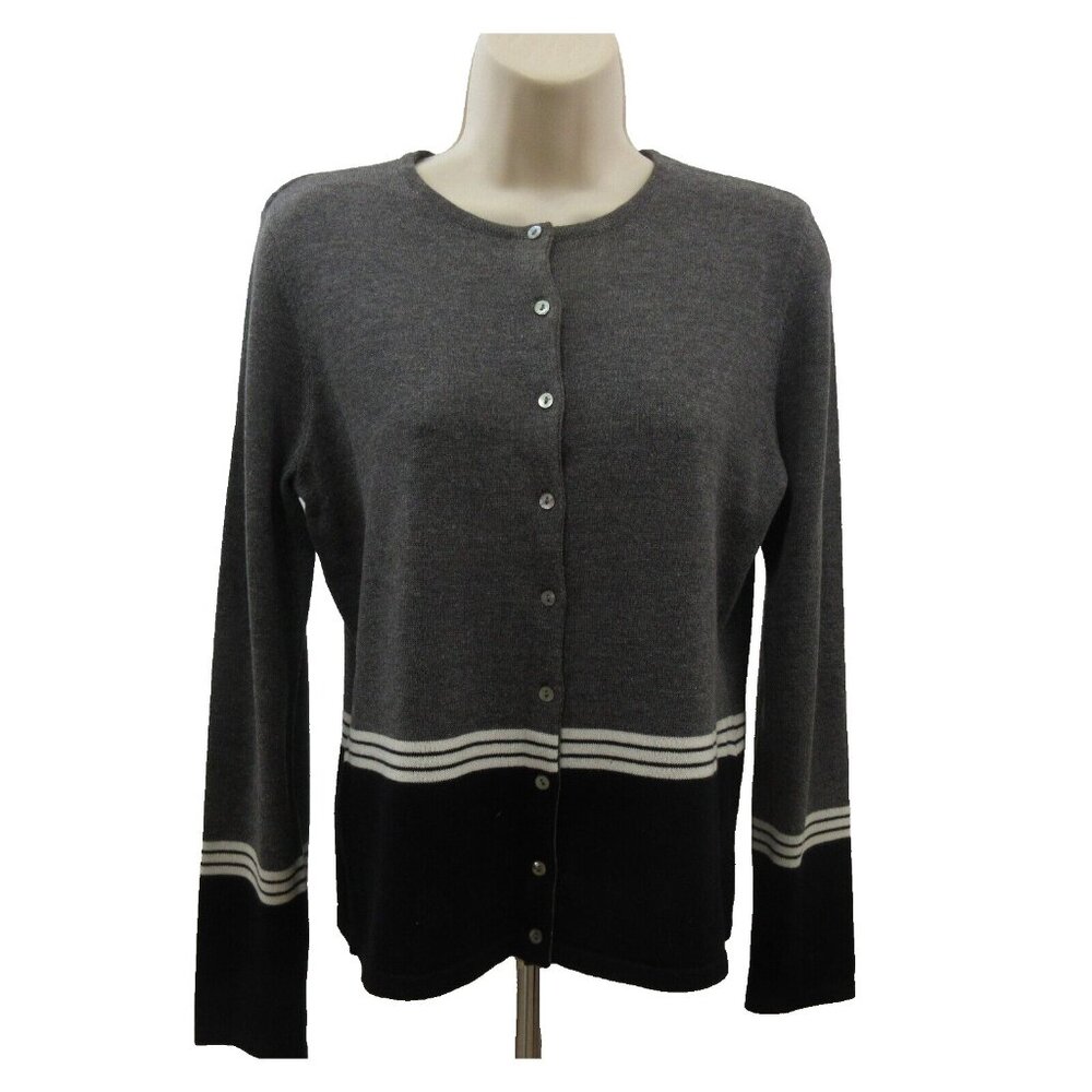 VTG Casual Corner Annex Cardigan Sweater Womens Size S Gray Black White Stripe